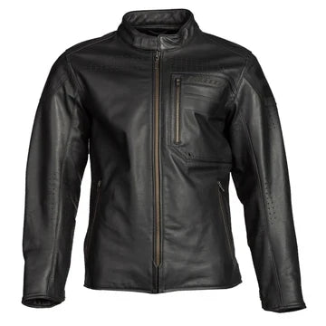 Black leather motorcycle jacket front view featuring a classic biker design, zippered pockets, and sleek black detailing.