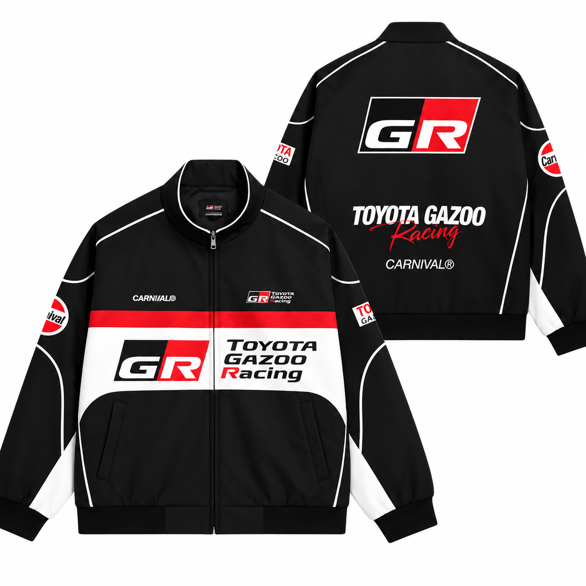 Back view of a black retro racing jacket with bold motorsport graphics, red and white panels, and sporty contrast detailing.