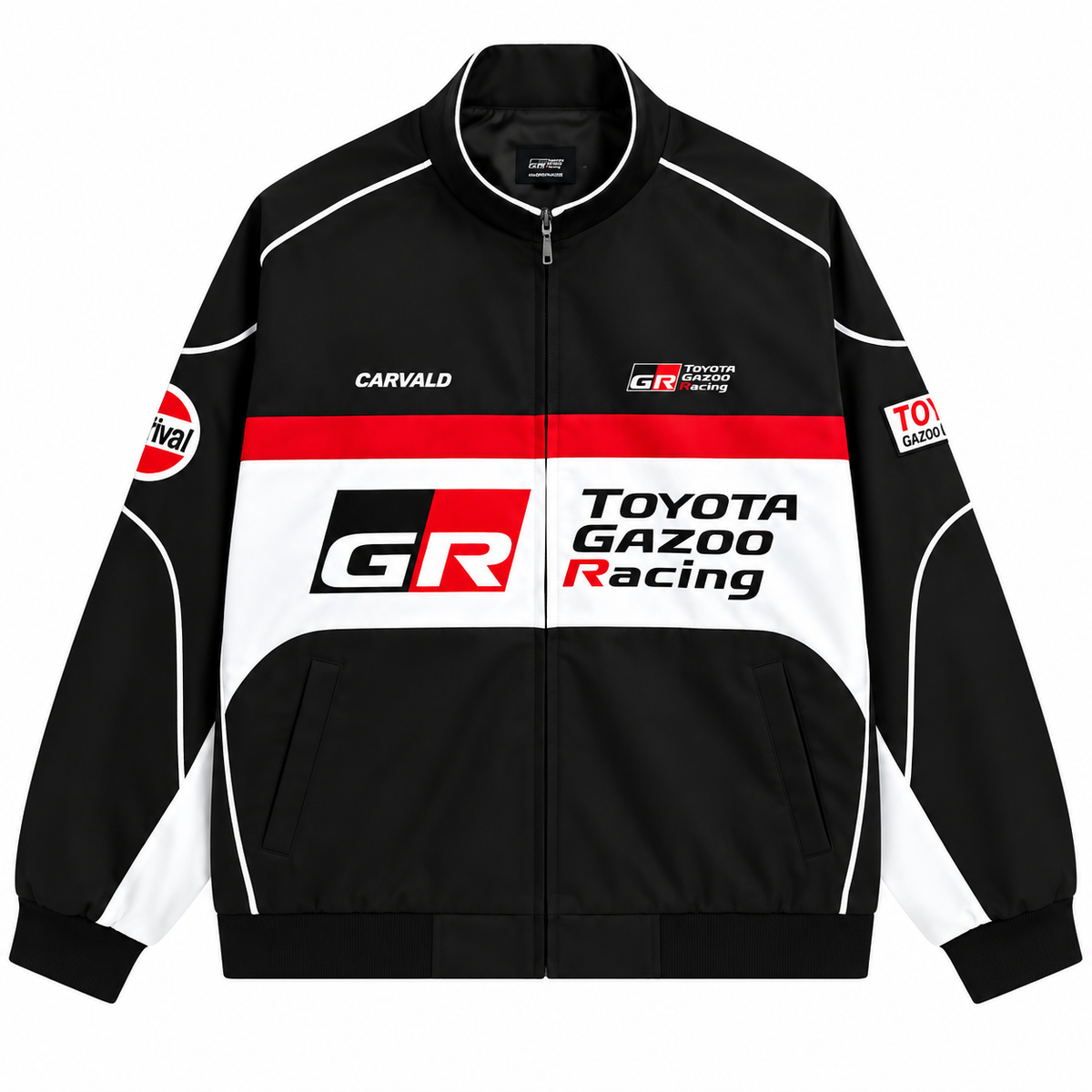 Front view of a black motorsport racing jacket featuring red and white color-block panels, racing graphics, and a full zip closure.