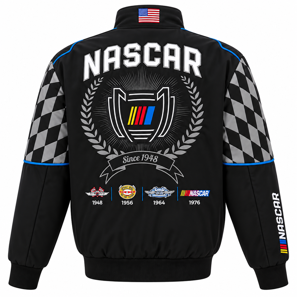 view of a black racing jacket featuring a trophy emblem, checkered flag sleeves, colorful racing details, and a motorsport-inspired design.