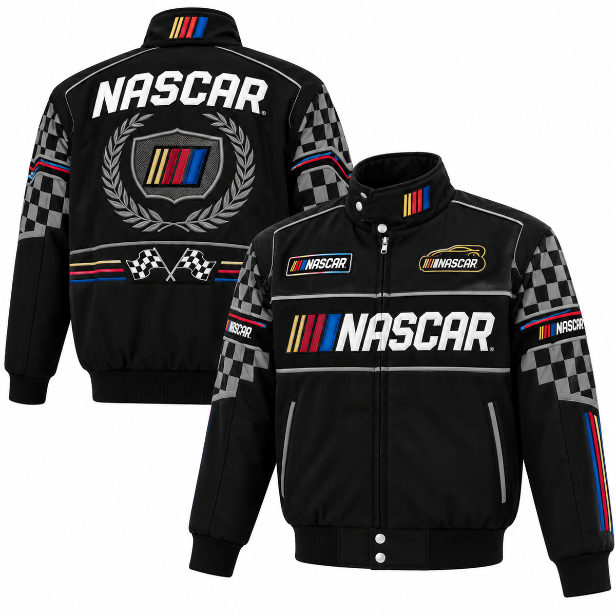 Front view of a black racing bomber jacket featuring checkered flag sleeves, colorful racing stripes, and motorsport-inspired detailing.