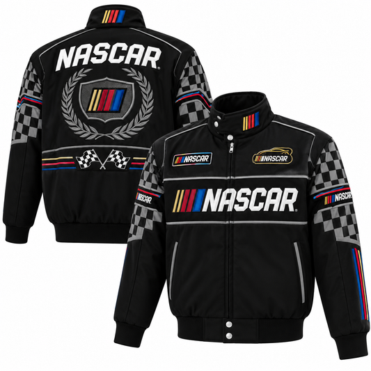 Front view of a black racing bomber jacket featuring checkered flag sleeves, colorful racing stripes, and motorsport-inspired detailing.