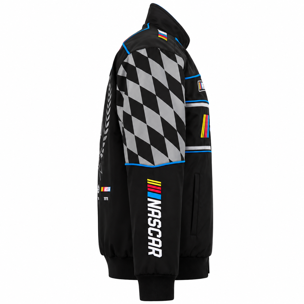 Side view of a black racing bomber jacket with checkered flag shoulder panels, blue piping, colorful sleeve stripes, and ribbed cuffs.