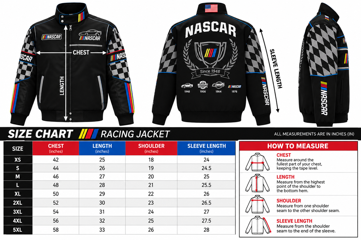 Black racing jacket size chart from XS to 5XL showing chest, jacket length, shoulder width, and sleeve length measurements in inches.
