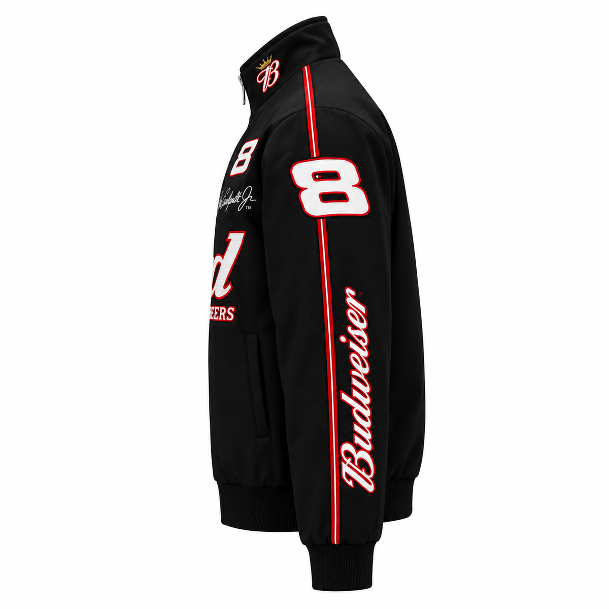 Black retro motorsport jacket in side profile with a zip-up front, sporty accents, and classic bomber styling.