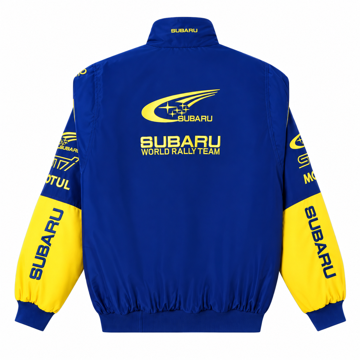 Back view of a blue and yellow motorsport jacket featuring a large rally team graphic, contrasting sleeve panels, and ribbed cuffs.