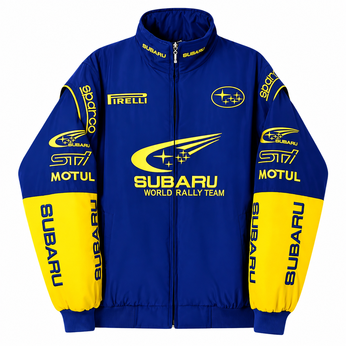 Front view of a blue and yellow rally racing jacket featuring motorsport graphics, a full zip closure, and sporty contrast panels.