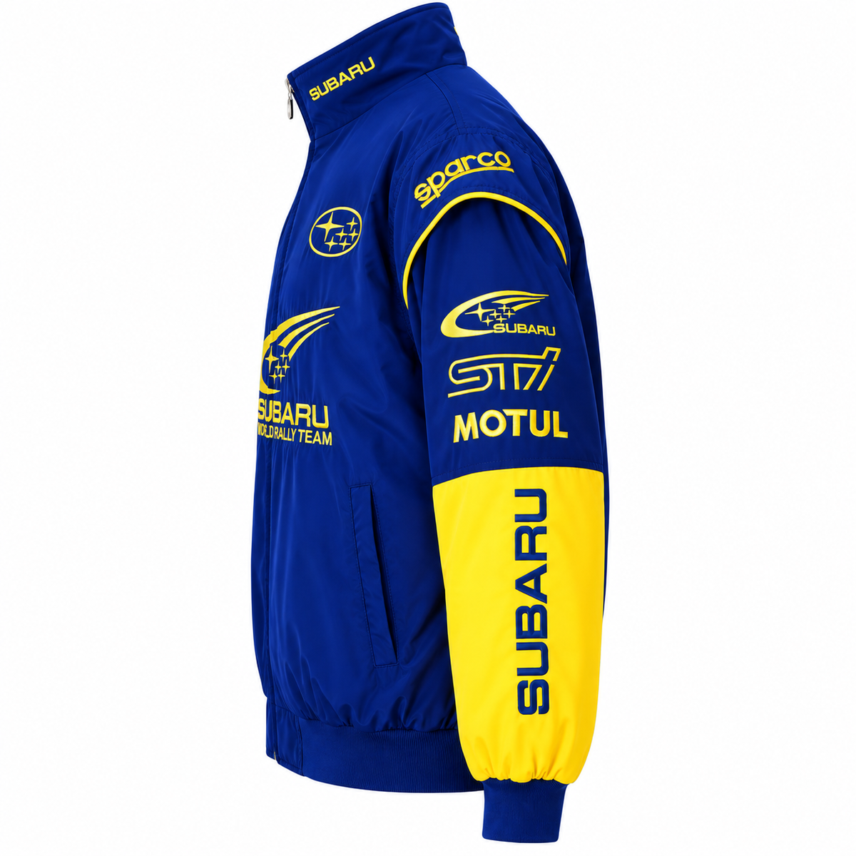 Side view of a blue rally racing jacket with yellow sleeve panels, a stand collar, zipper closure, and motorsport-inspired details.