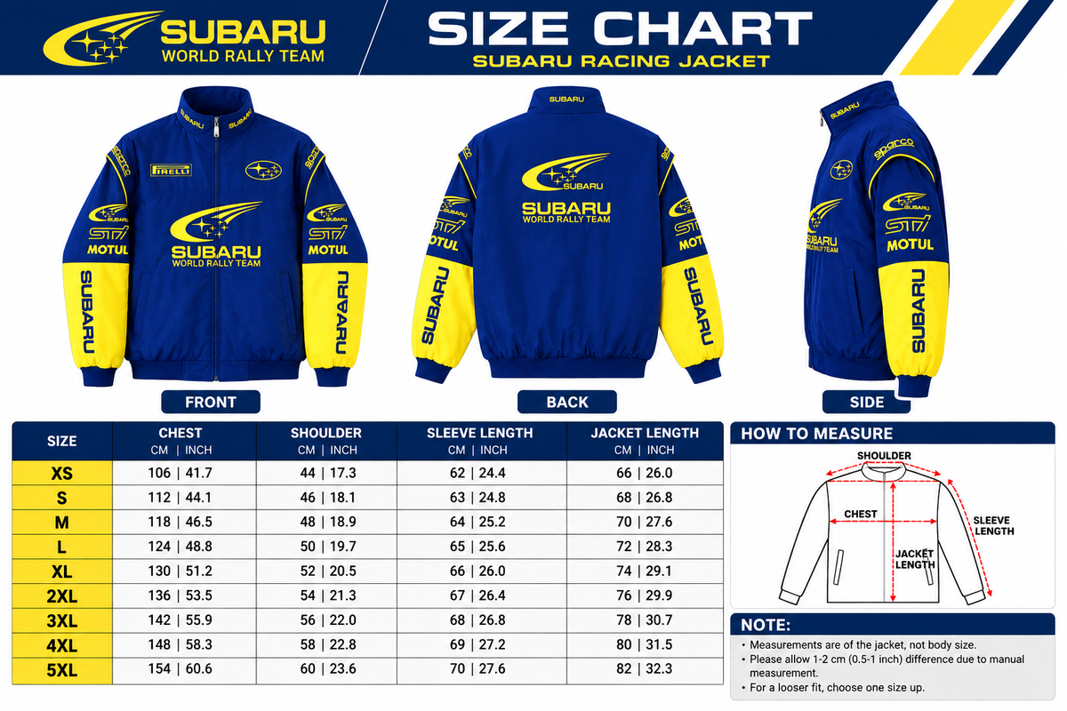 Blue and yellow racing jacket size chart showing XS to 5XL sizing and jacket measurement guidance.