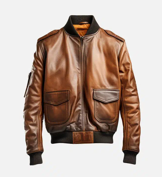 Brown leather bomber jacket front view featuring black ribbed collar, cuffs, waistband, and classic vintage design.