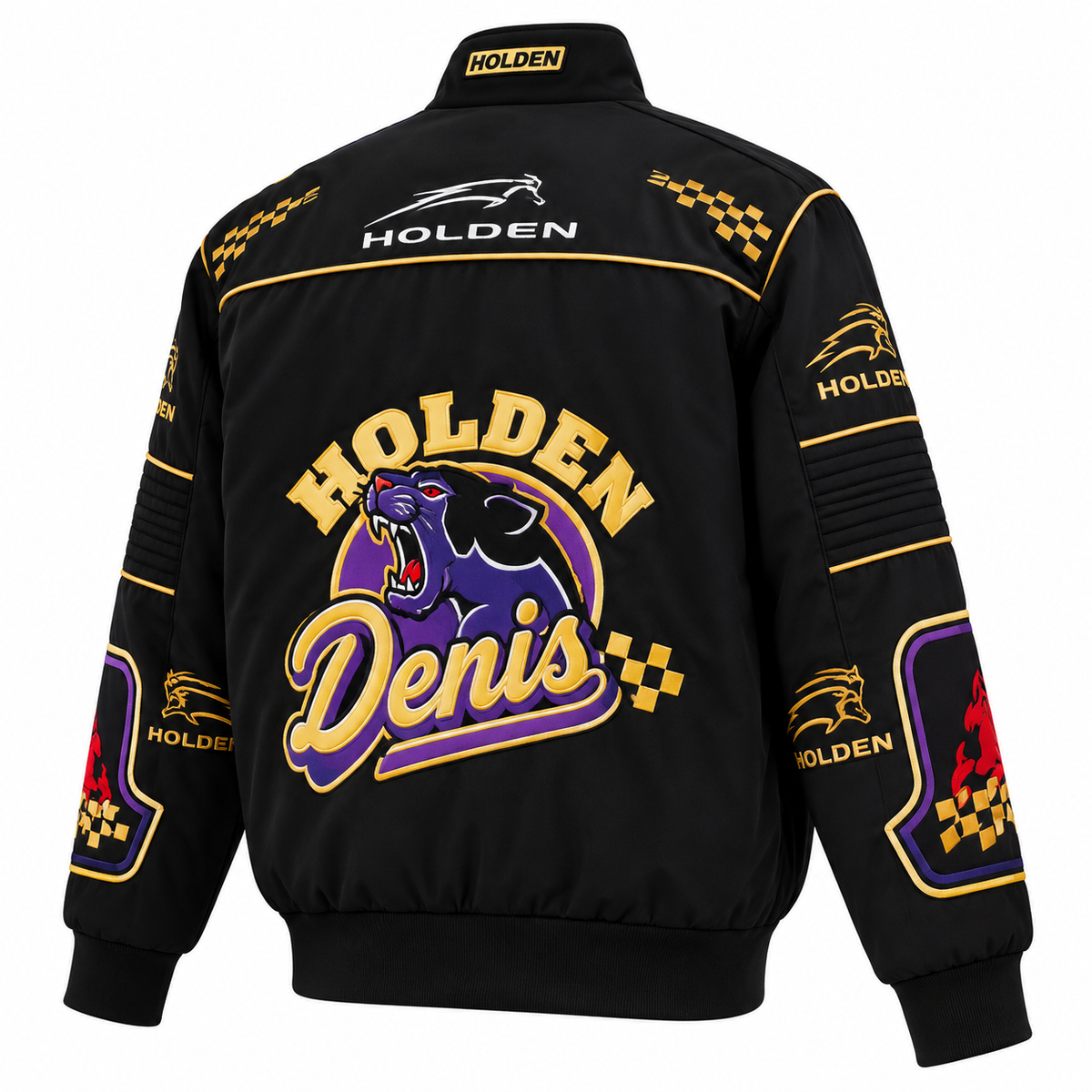 Back view of a black Holden racing jacket featuring a large purple panther graphic, yellow lettering, checkered accents, and colorful motorsport-inspired details.