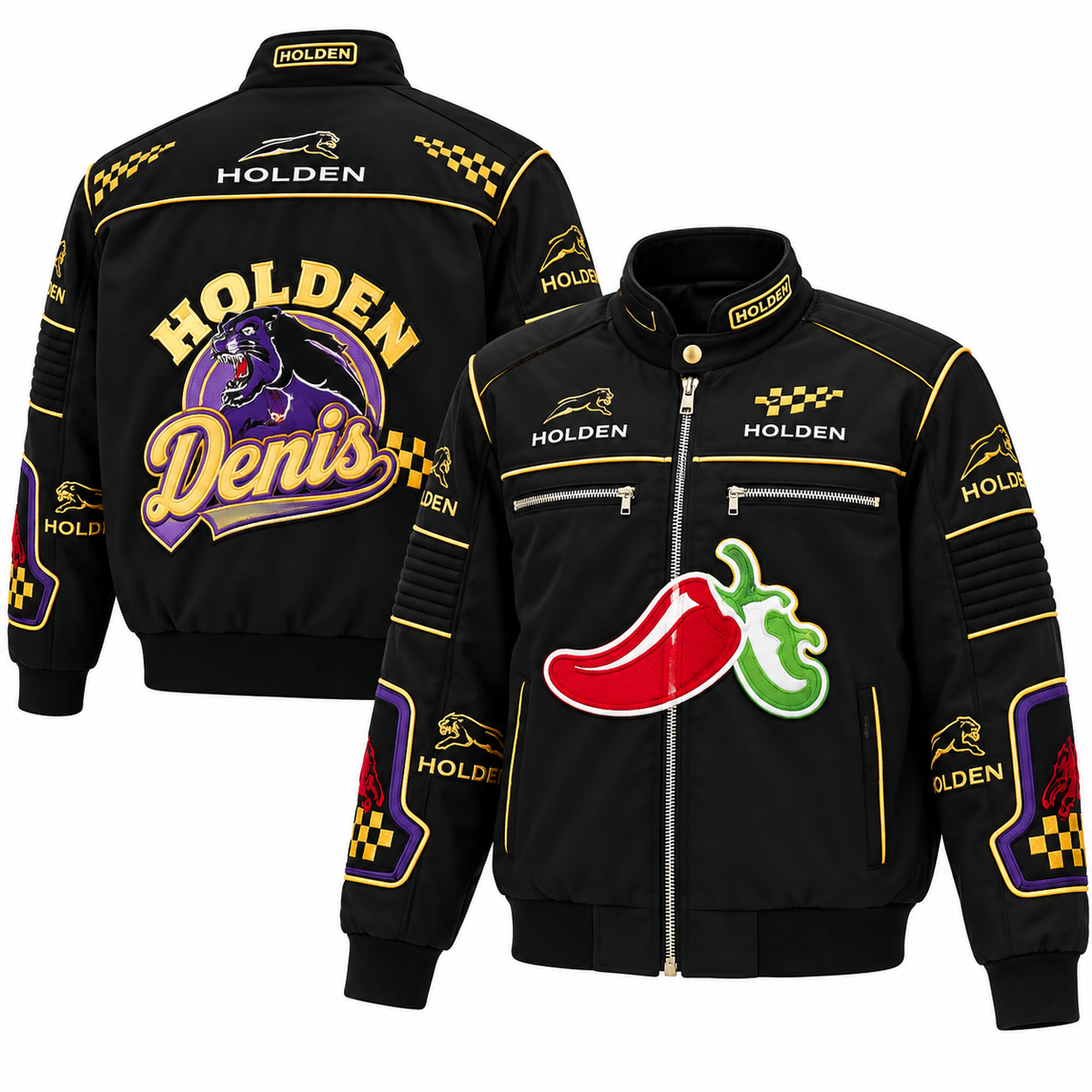 Front view of a black Holden racing jacket featuring yellow piping, colorful chili pepper graphics, embroidered-style racing details, zippered pockets, and ribbed cuffs.
