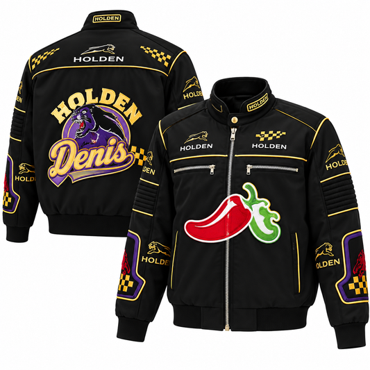 Front view of a black Holden racing jacket featuring yellow piping, colorful chili pepper graphics, embroidered-style racing details, zippered pockets, and ribbed cuffs.