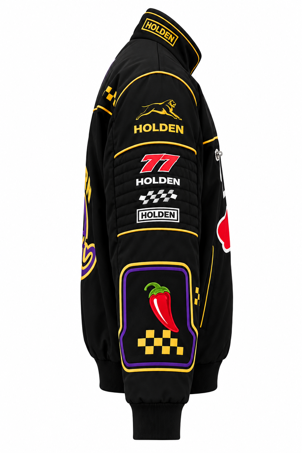 Side view of a black Holden racing jacket with yellow trim, checkered racing accents, colorful sleeve patches, and ribbed detailing.