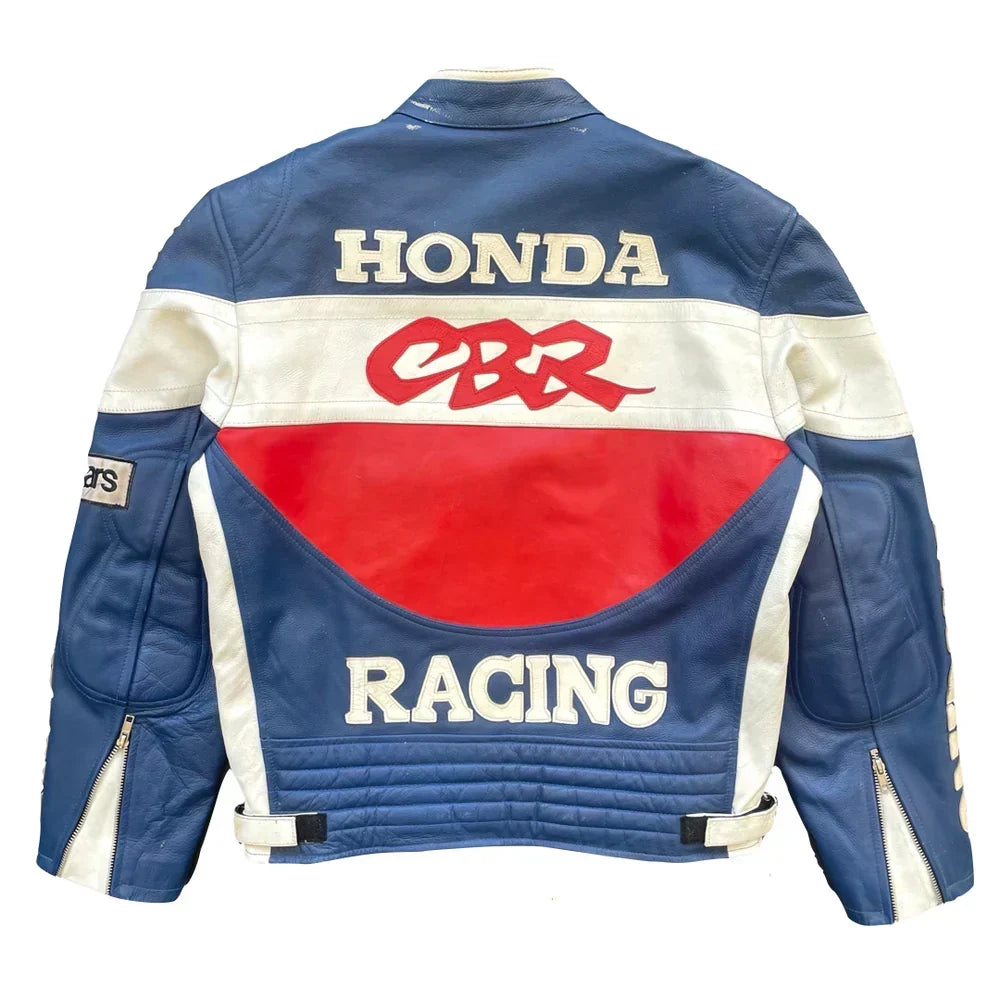 Honda CBR racing leather jacket back view featuring bold Honda racing graphics and blue, red, and white detailing.