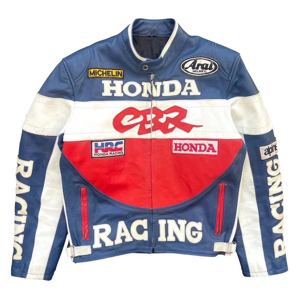 Honda CBR racing leather jacket front view in blue, red, and white with Honda graphics and motorcycle racing patches.