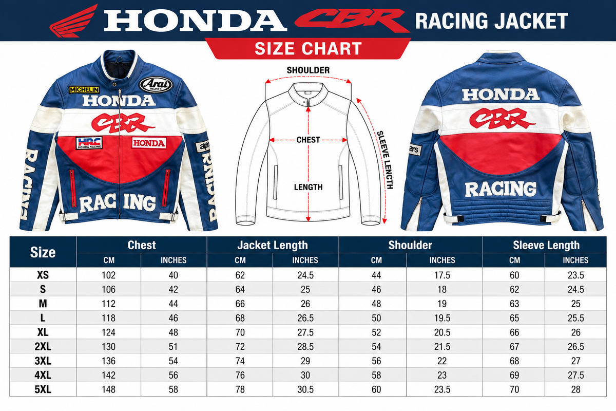Honda CBR racing leather jacket size chart from XS to 5XL showing chest, jacket length, shoulder, and sleeve measurements.
