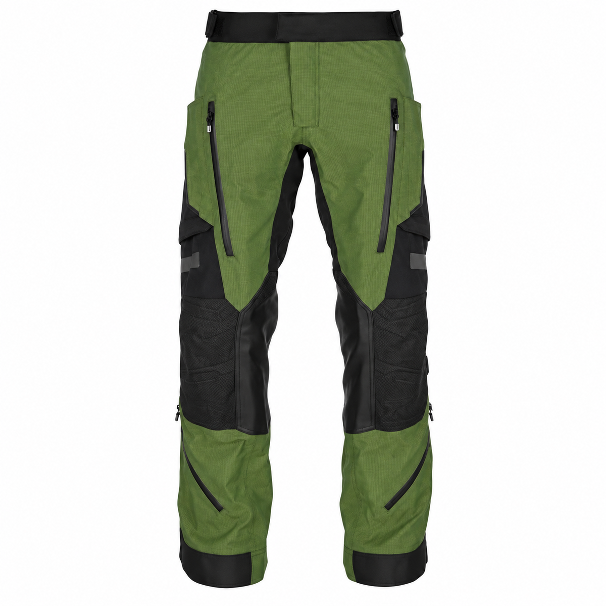 KLIM green and black adventure motorcycle pants front view with reinforced knees and zippered pockets.
