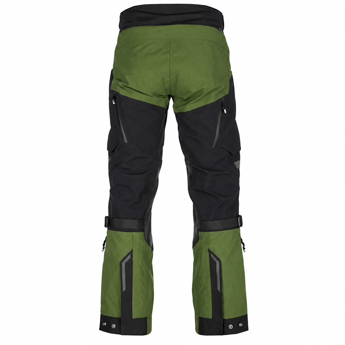 Back view of green and black adventure motorcycle pants with adjustable waistband and reinforced leg panels.