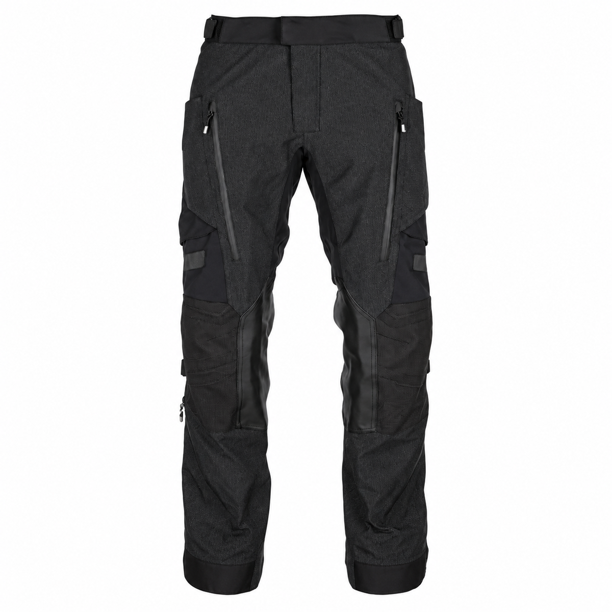 KLIM black adventure motorcycle riding pants with reinforced knee panels, zippered pockets, adjustable straps, and durable riding gear construction.