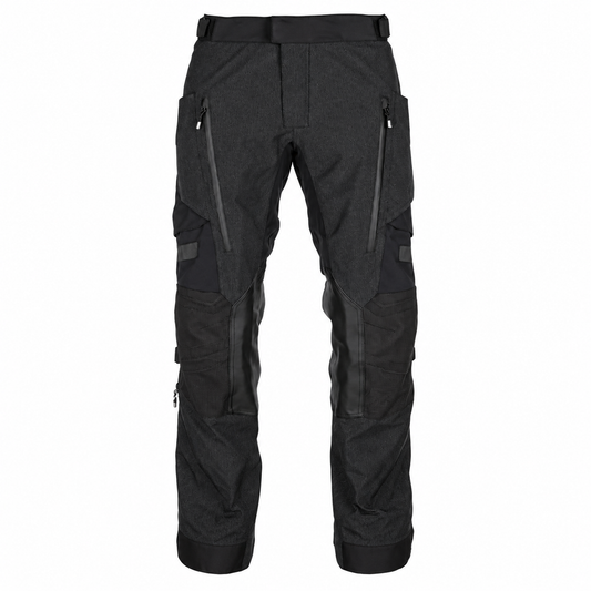 KLIM black adventure motorcycle riding pants with reinforced knee panels, zippered pockets, adjustable straps, and durable riding gear construction.