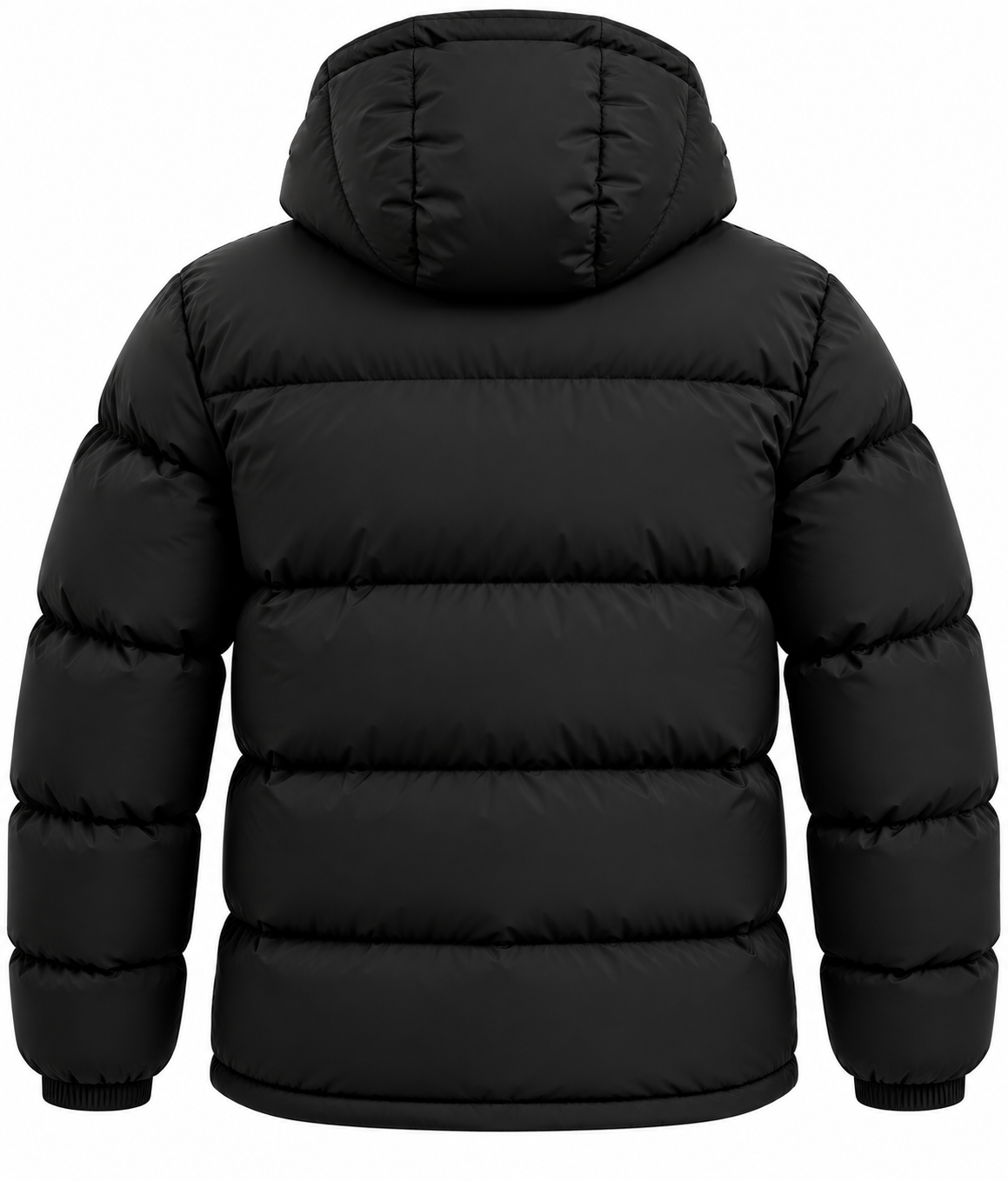 Back view of men's black hooded puffer jacket with horizontal quilting and padded design on a white background