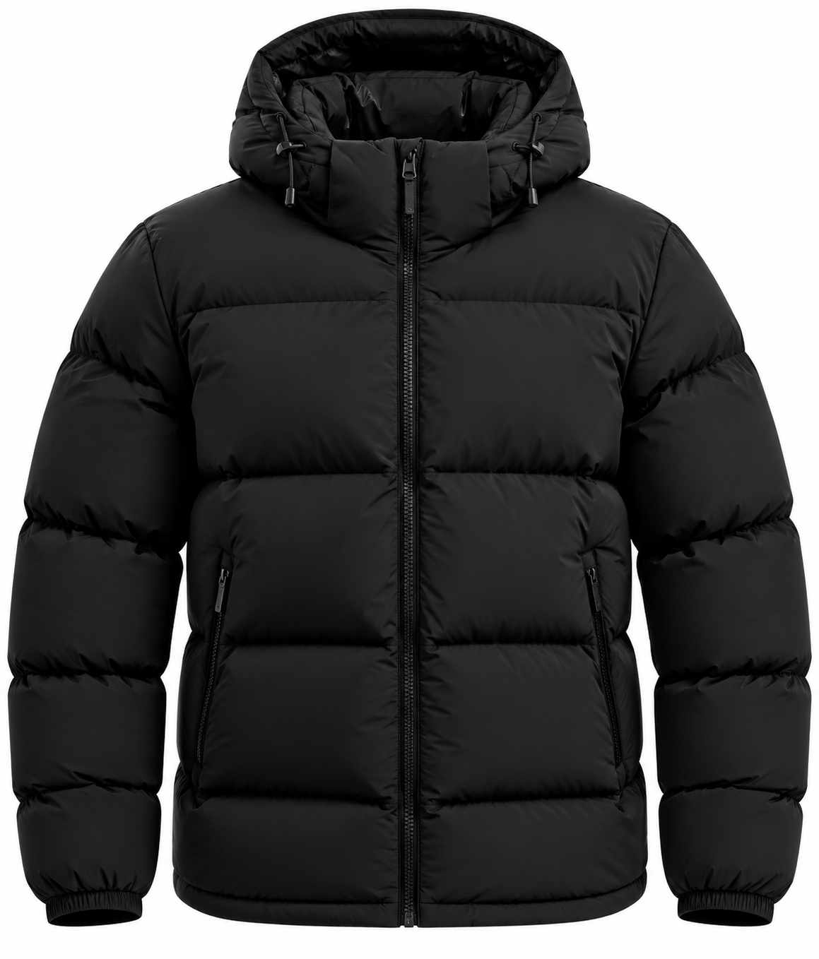 Men's black hooded puffer jacket front view with padded design and full zip closure on a white background