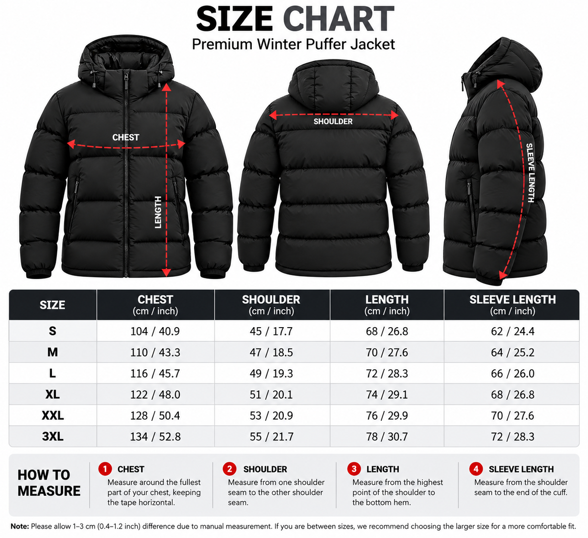 Men's black puffer jacket size chart showing S to 3XL measurements in centimeters and inches
