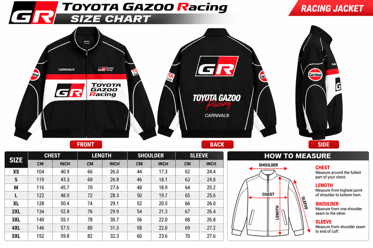 Motorsport racing jacket size chart showing available sizes and measurement guidance to help customers choose the right fit.