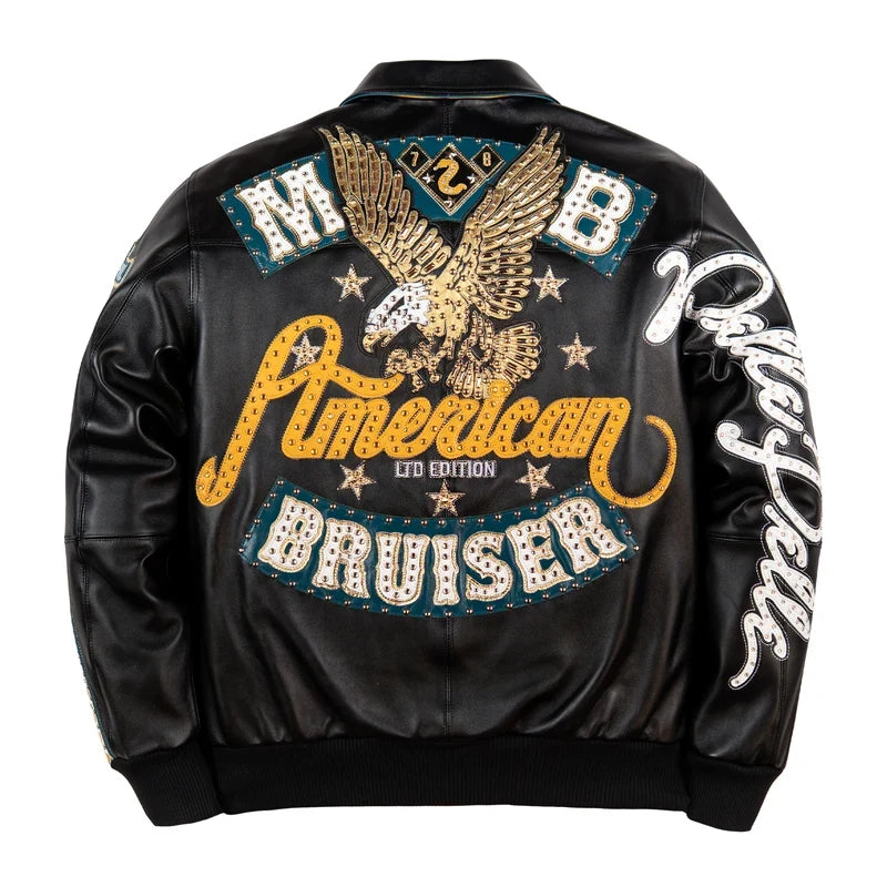 Back view of a black Pelle Pelle American Bruiser leather jacket featuring bold embroidered artwork, decorative studs, and gold and teal accents.