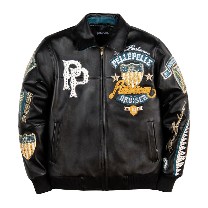 Pelle Pelle American Bruiser black leather jacket featuring gold and teal embroidered graphics, studded embellishments, and bold varsity-style lettering on a white background.