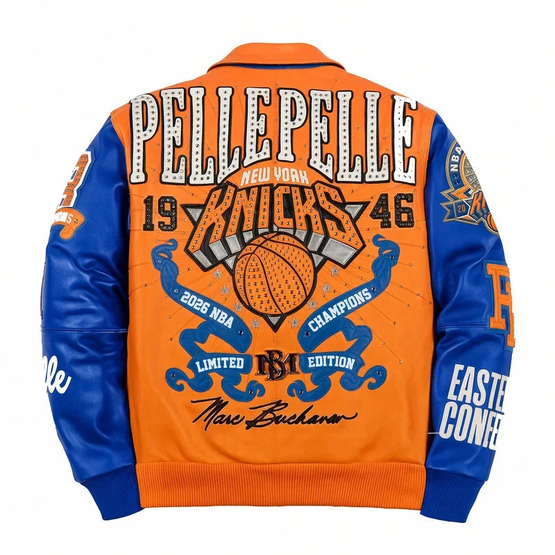 Back view of a Pelle Pelle New York Knicks orange and blue jacket featuring large basketball-inspired graphics, embroidered lettering, and colorful varsity details.