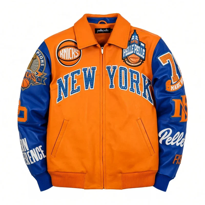 Pelle Pelle New York Knicks orange and blue leather varsity jacket featuring embroidered basketball graphics, bold New York lettering, and decorative patches on a white background.