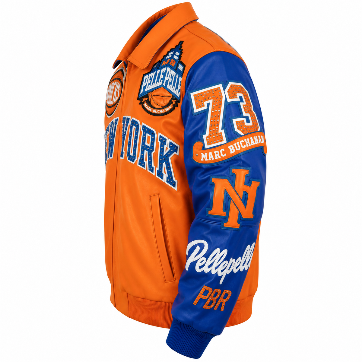 Side view of an orange and royal blue Pelle Pelle Knicks jacket featuring embroidered sleeve patches, ribbed cuffs, and retro basketball streetwear details.