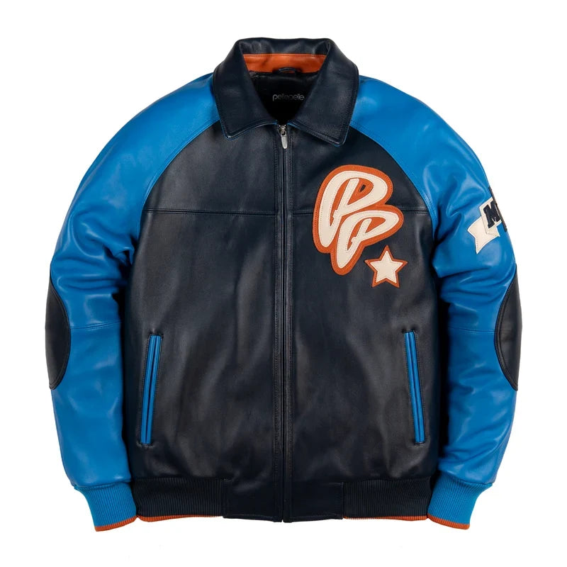 Black and blue Soda Club varsity-style jacket featuring orange and cream chest graphics, contrasting blue sleeves, a front zipper, and ribbed cuffs on a white background.