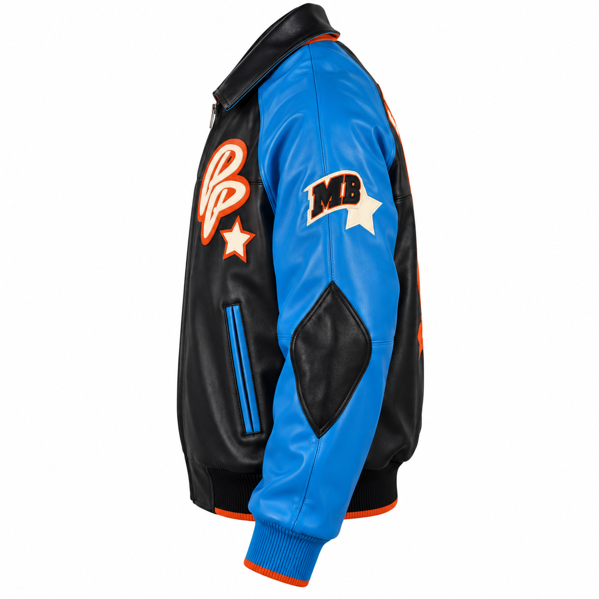 Side view of a black and blue leather-style varsity jacket with orange accents, embroidered chest and sleeve patches, a zippered front, and ribbed cuffs on a white background.