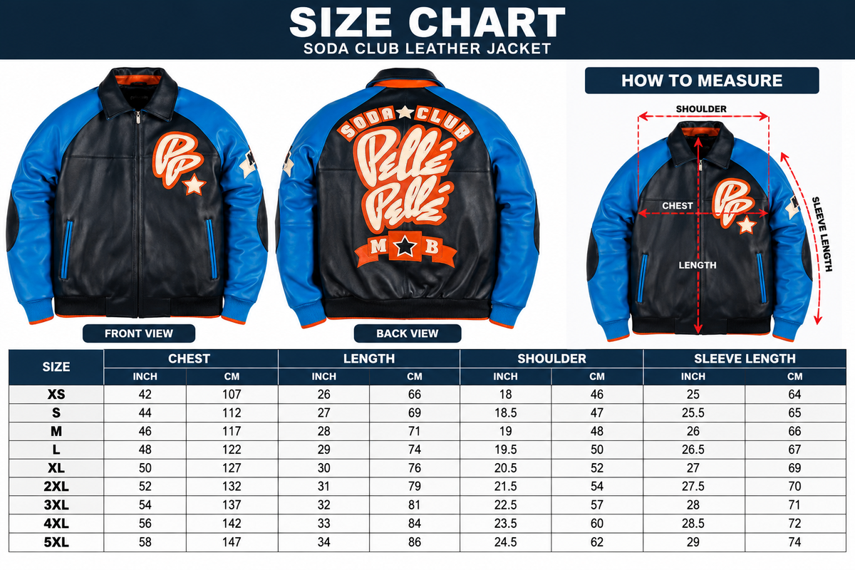 Black and blue Soda Club jacket size chart showing XS to 5XL with chest, length, shoulder, and sleeve measurements and a how-to-measure guide.