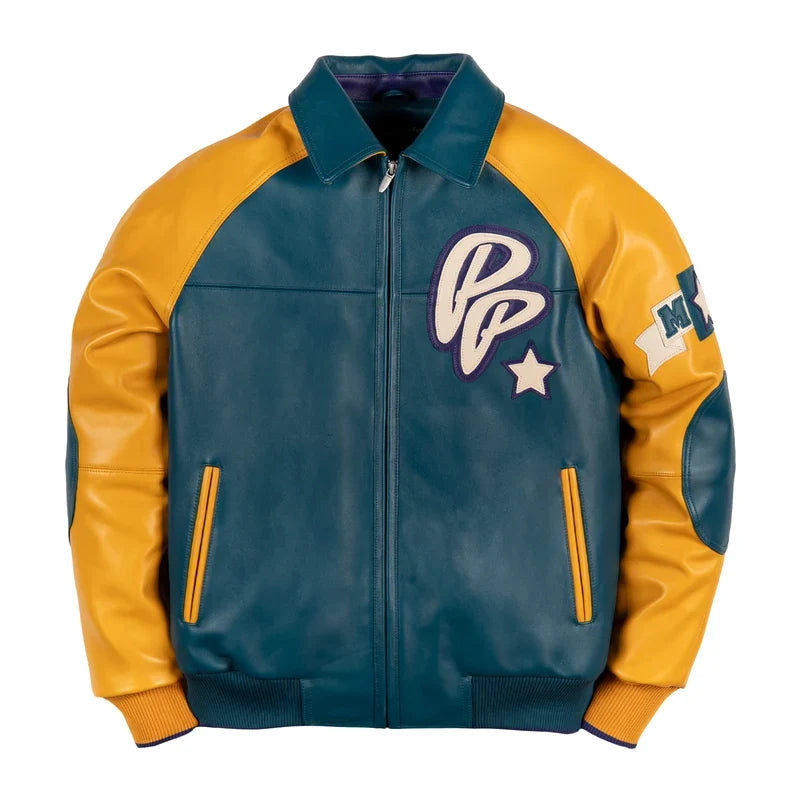 Teal and mustard yellow Soda Club varsity-style jacket featuring cream embroidered chest graphics, a star emblem, contrasting sleeves, and a front zipper on a white background.