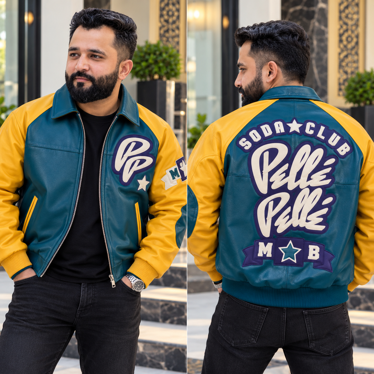 Model wearing a teal and mustard yellow varsity jacket with embroidered chest patches, bold Soda Club back graphics, and dark jeans.