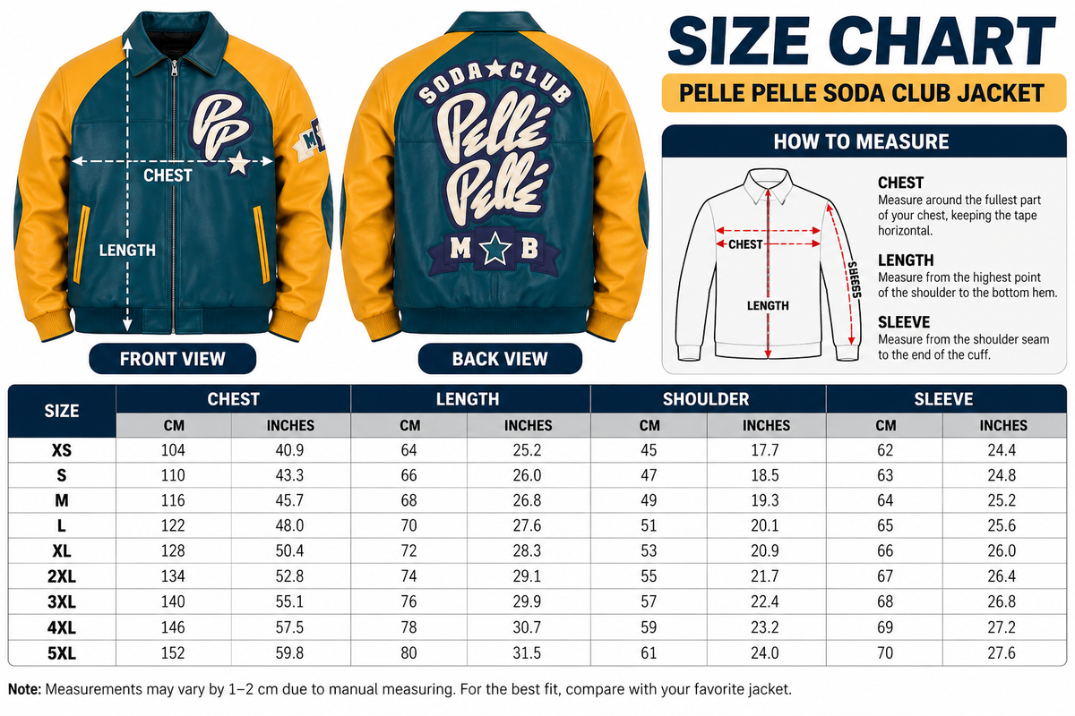 Teal and mustard yellow varsity jacket size chart showing XS to 5XL, chest, length, shoulder, and sleeve measurements with a how-to-measure guide.