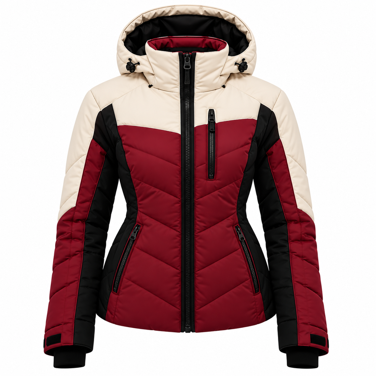 Premium burgundy, cream and black winter puffer jacket with hood, quilted padding, front zipper and zippered pockets on a white background.