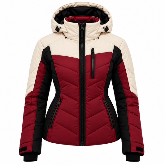 Premium burgundy, cream and black winter puffer jacket with hood, quilted padding, front zipper and zippered pockets on a white background.
