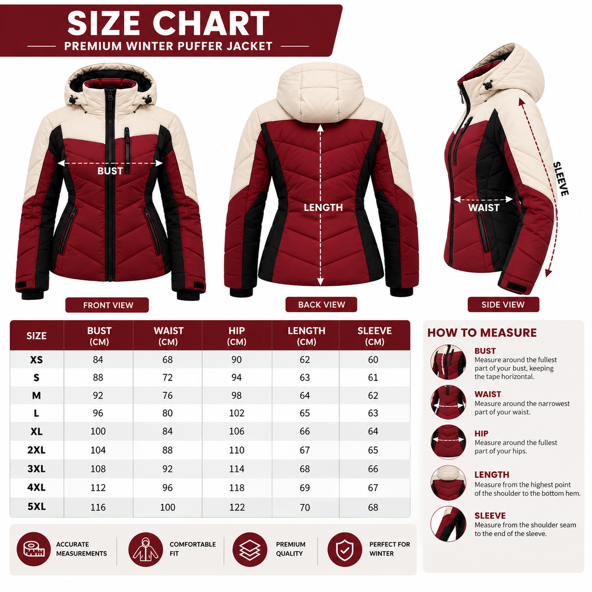Size chart for a burgundy, cream and black winter puffer jacket showing XS to 5XL sizes, jacket measurements and a how-to-measure guide.