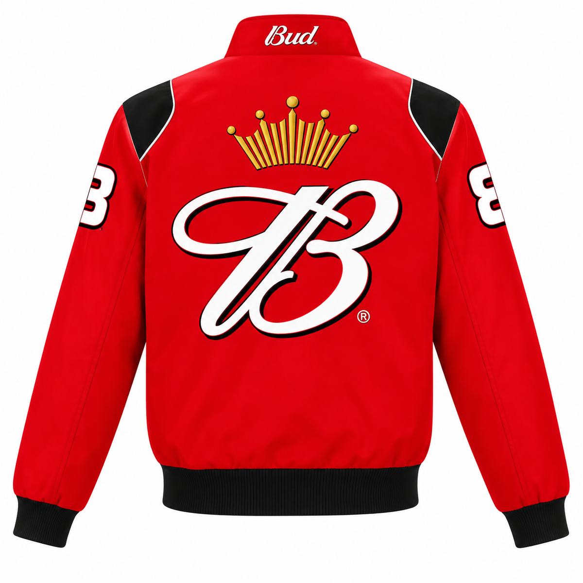 Back view of a red vintage racing bomber jacket featuring bold retro graphics, a crown emblem, and black contrast panels.