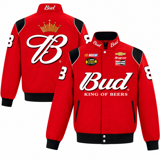 Red bomber racing jacket with black and white accents, vintage motorsport graphics, and a full-zip front.