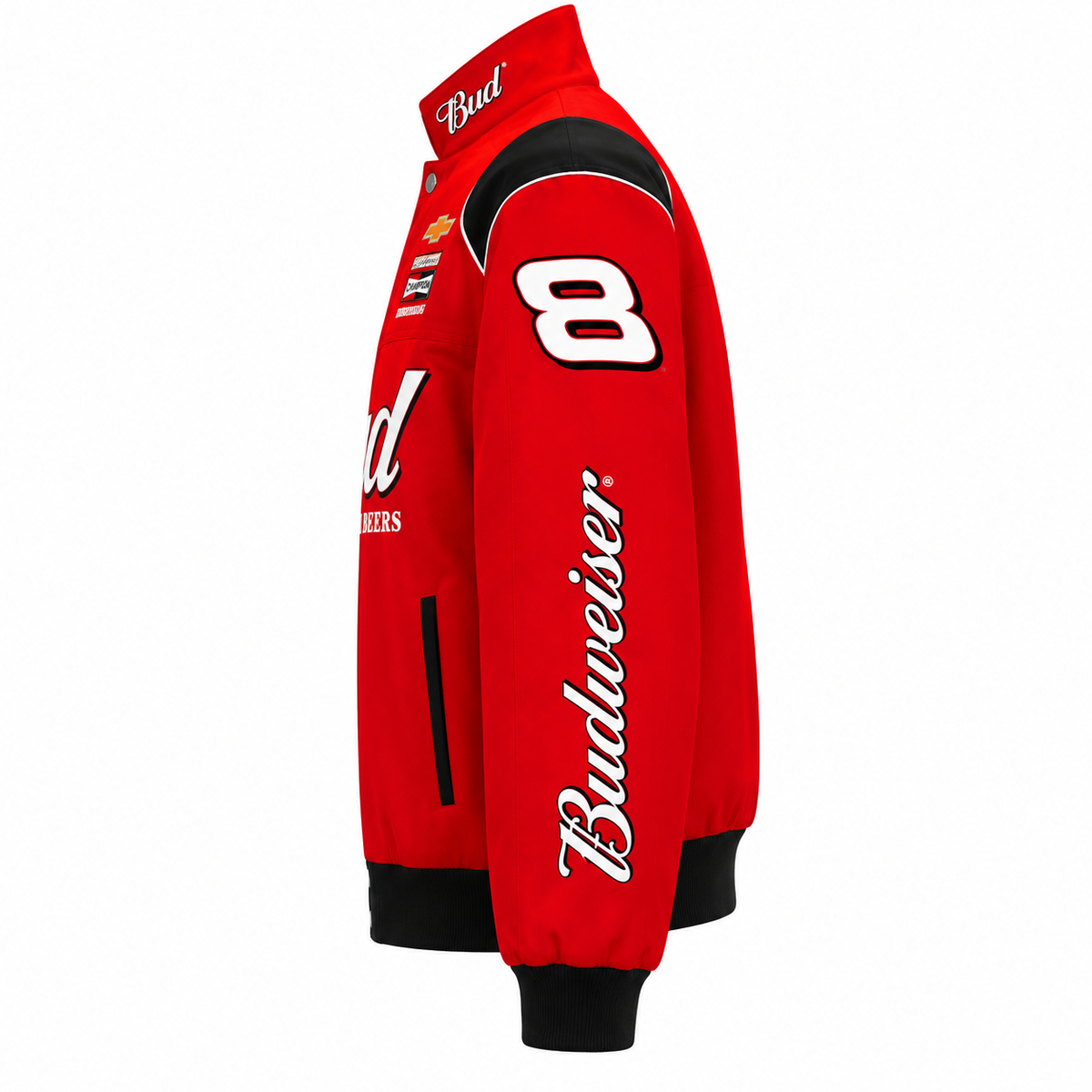 Side view of a red racing jacket with black and white detailing, racing number patch, and ribbed cuffs.