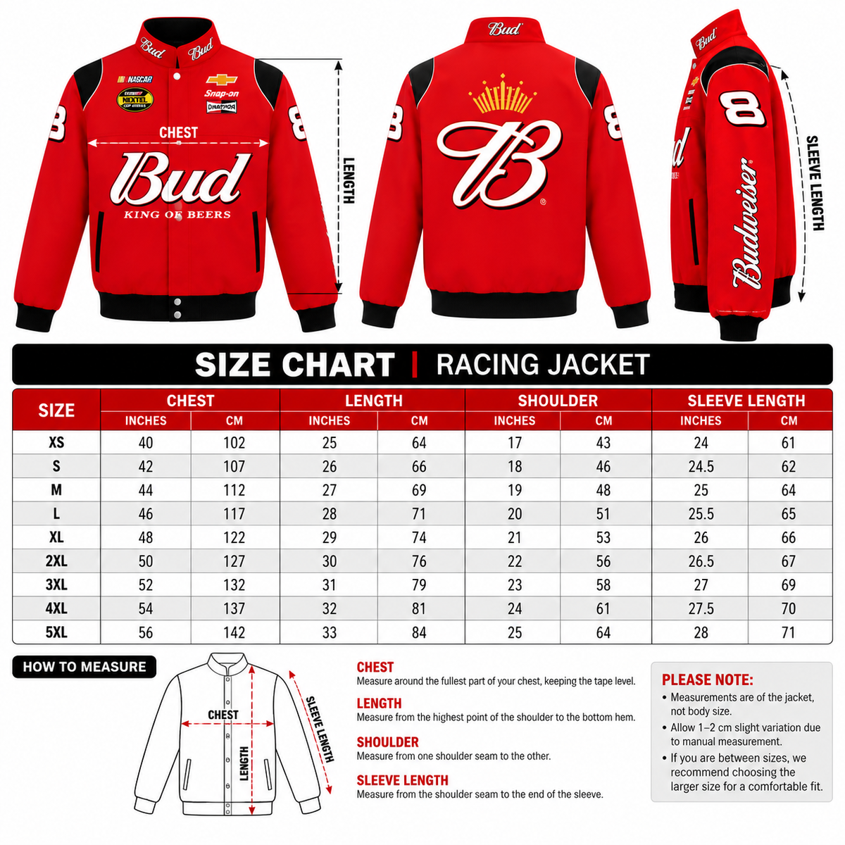 Red bomber racing jacket size chart showing sizes XS to 5XL with chest, length, shoulder, and sleeve measurement guidance.