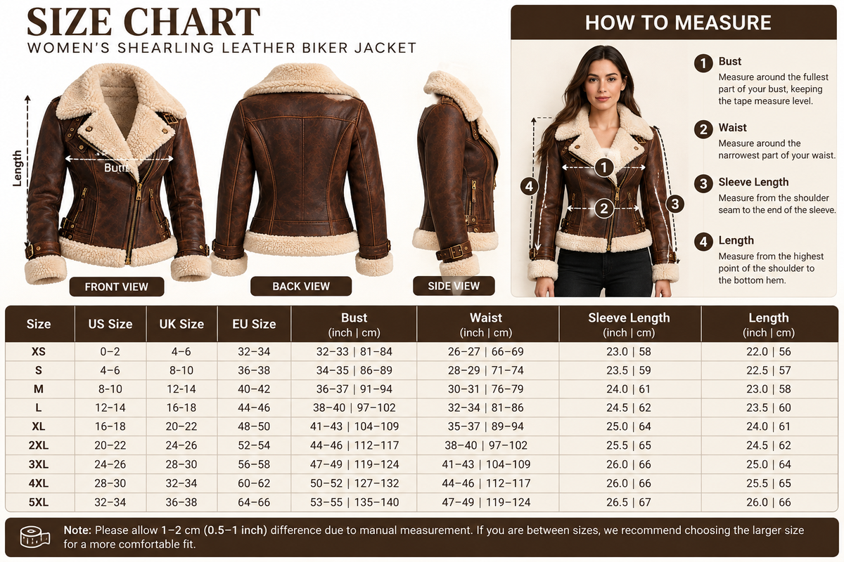 Shearling biker jacket size chart showing available sizes and garment measurements