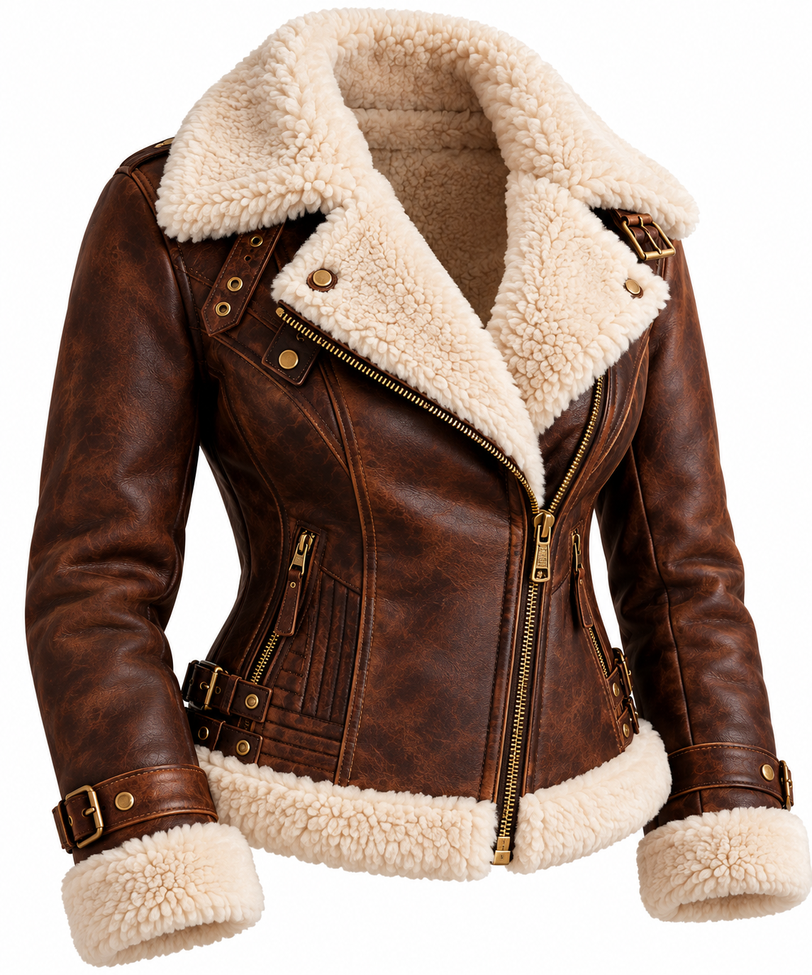Brown shearling leather biker jacket with cream fur collar, cuffs, and hem, front view