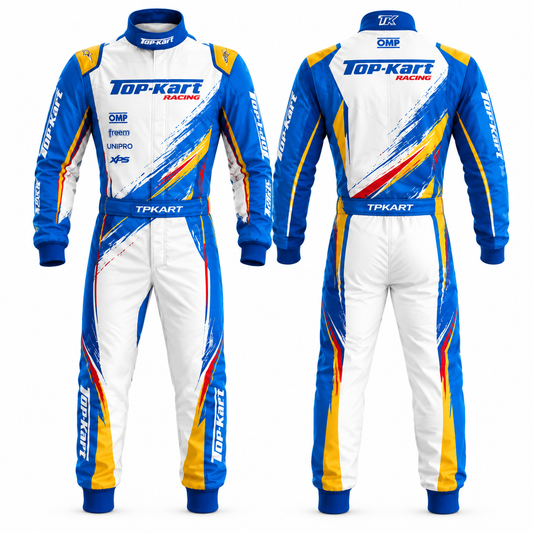 Top-Kart white blue and yellow racing suit front and back view